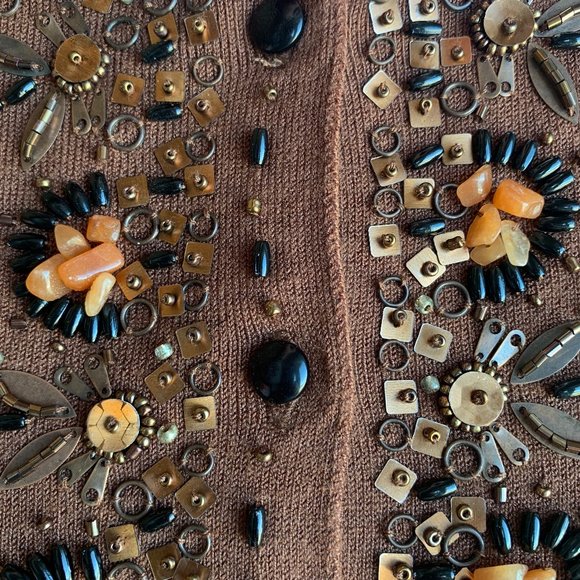 Beads & Sequins Brown Button up Sweater - Picture 3 of 4